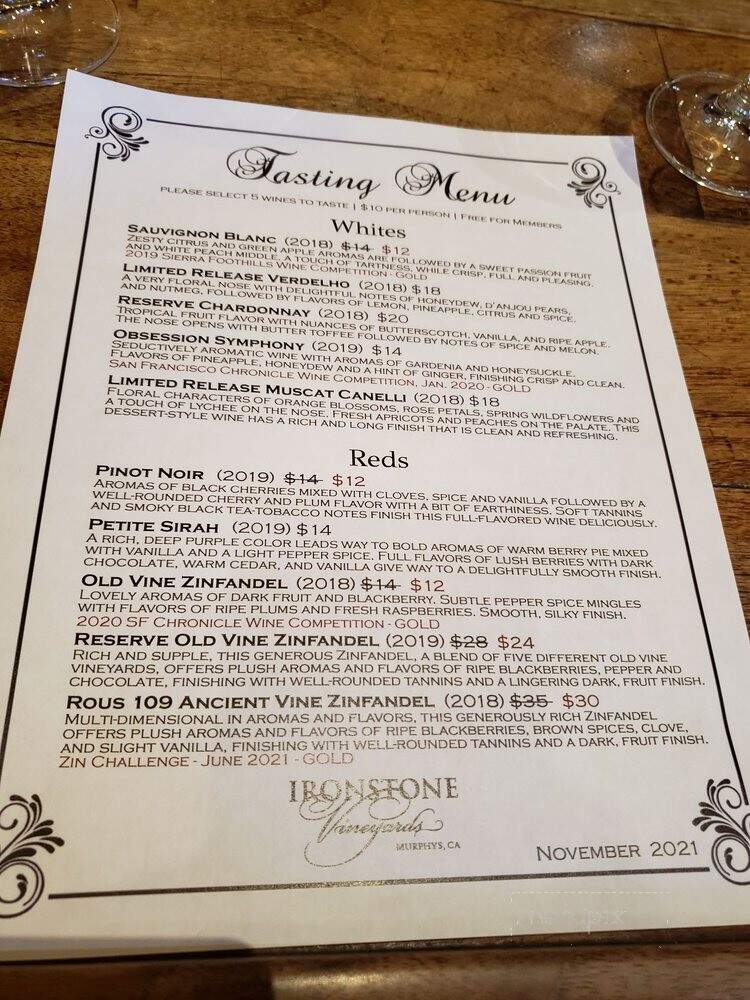 Ironstone Vineyards - Murphys, CA menu_pic