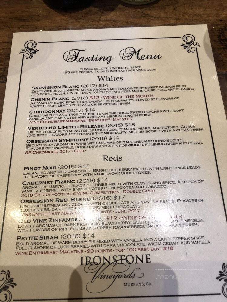 Ironstone Vineyards - Murphys, CA menu_pic