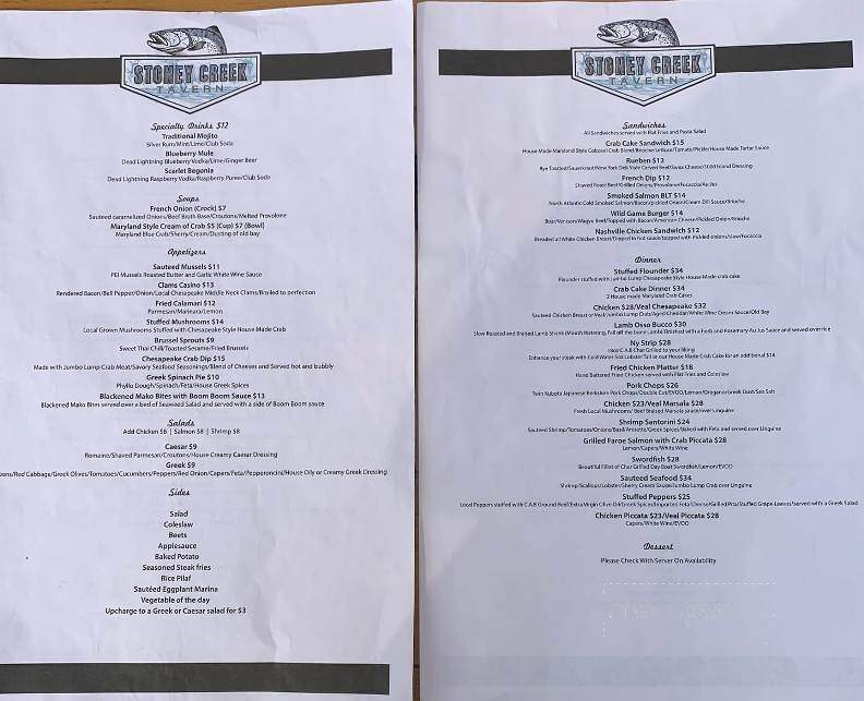 Stony Creek Inn - Dauphin, PA menu_pic