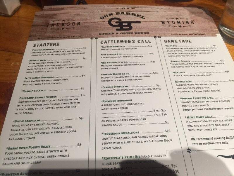 Gun Barrel Steak & Game House - Jackson, WY menu_pic