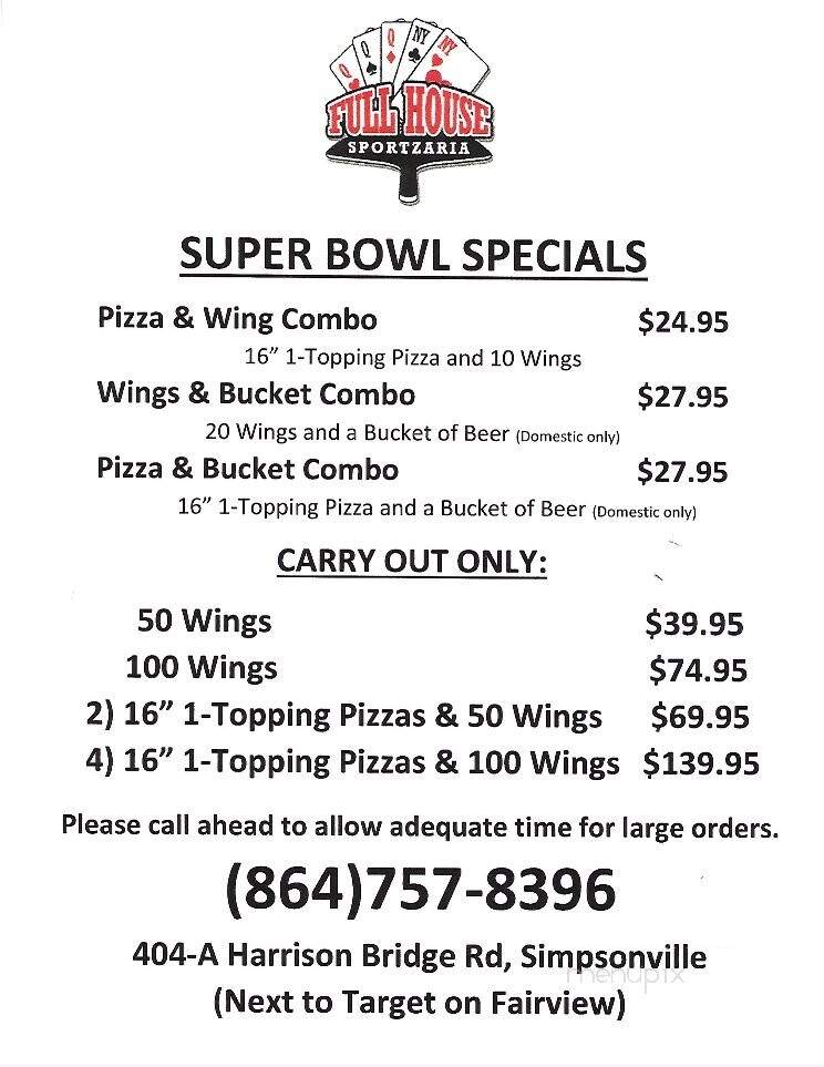 Full House Sportzaria - Simpsonville, SC menu_pic