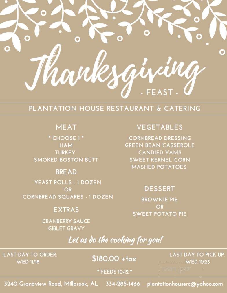 Plantation House Restaurant & Catering - Millbrook, AL