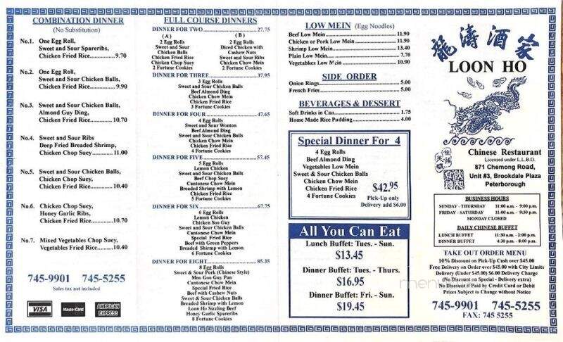 Loon Ho Restaurant - Peterborough, ON menu_pic