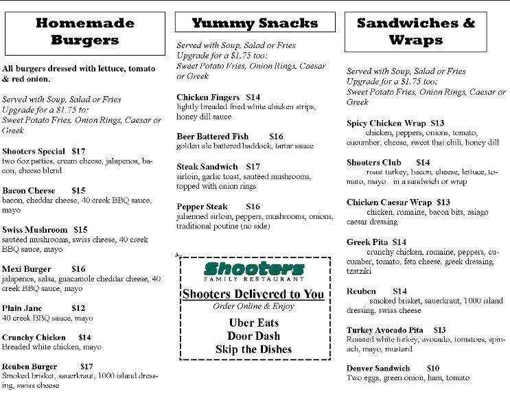 Shooters Family Restaurant - Winnipeg, MB menu_pic