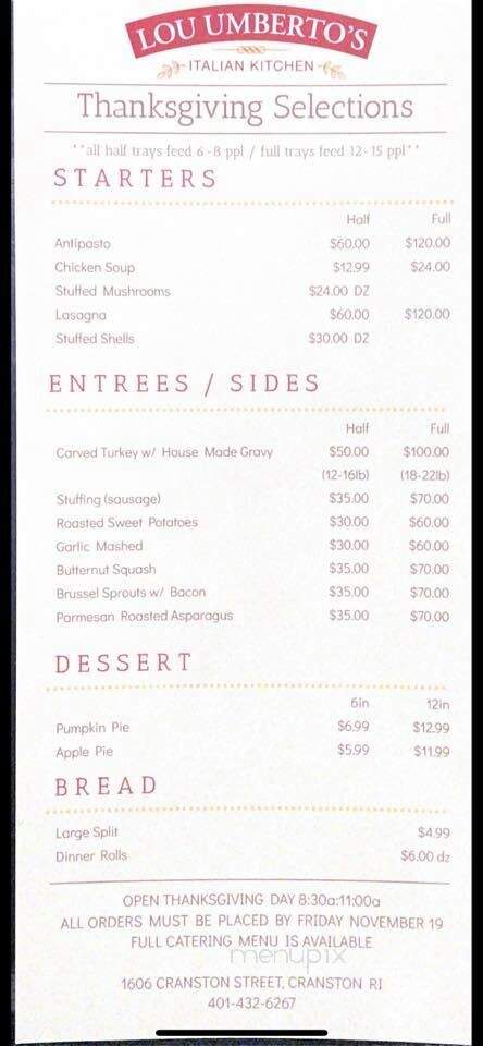 Lou Umberto's Italian Kitchen - Cranston, RI menu_pic