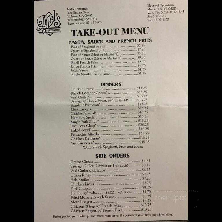 Mel's Restaurant - Holyoke, MA menu_pic