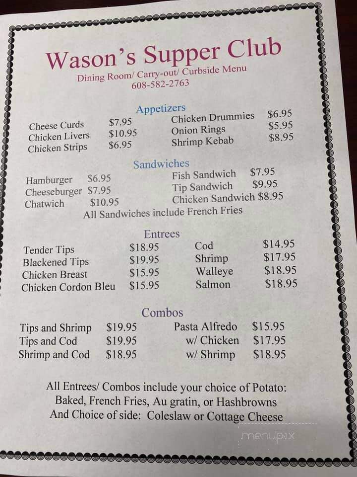 Wason's Supper Club - Galesville, WI menu_pic