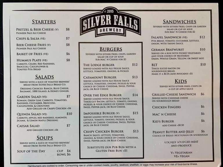 Silver Falls Brewery - Silverton, OR menu_pic