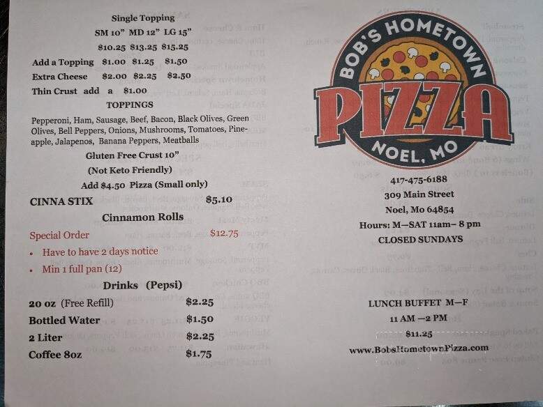 Bob's Hometown Pizza - Noel, MO menu_pic