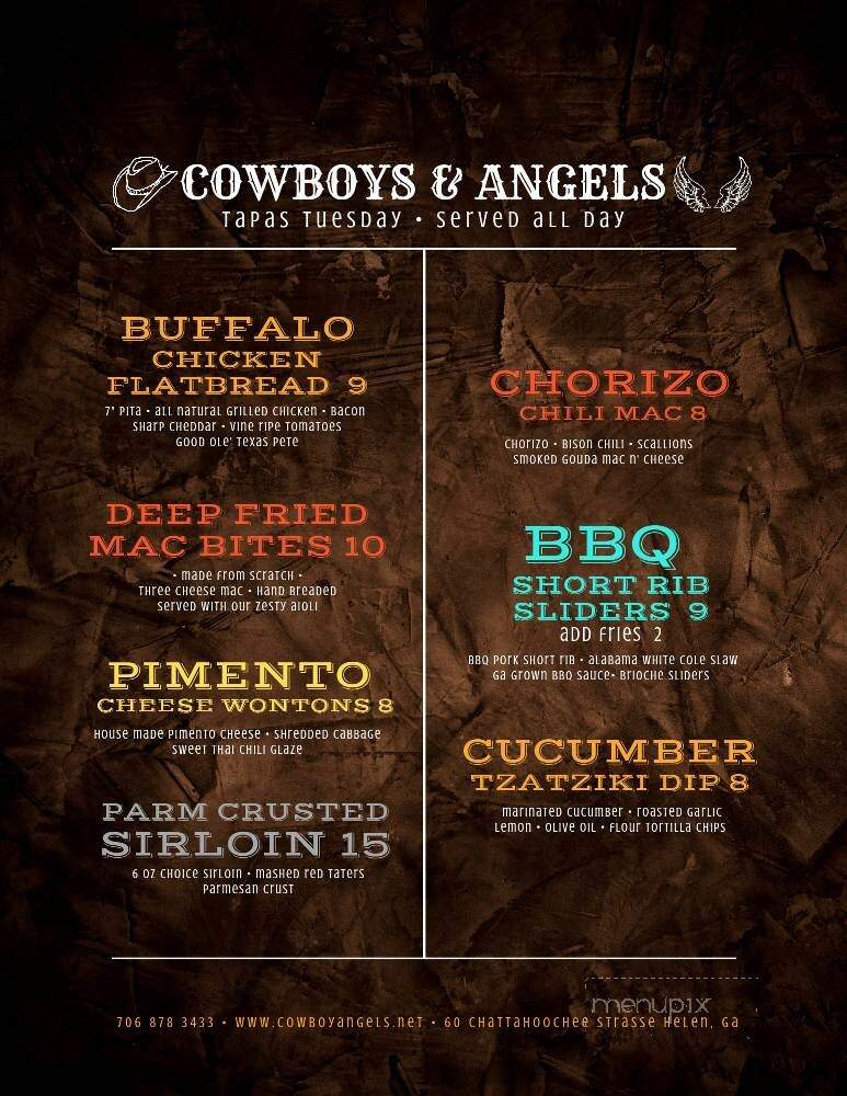 Cowboys & Angels - Helen, GA menu_pic