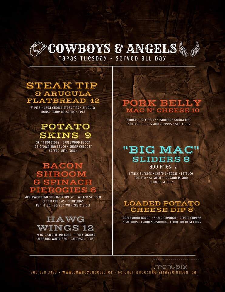 Cowboys & Angels - Helen, GA menu_pic