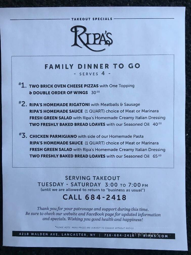 Ripa's Restaurant - Lancaster, NY menu_pic