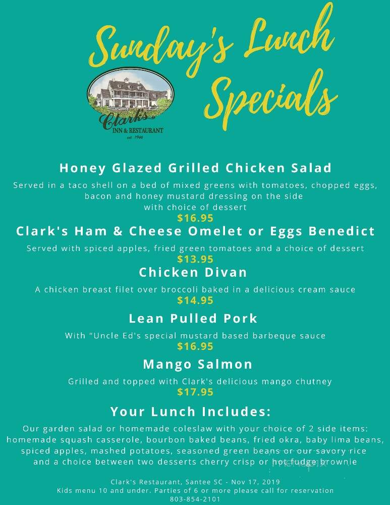Clark's Restaurant and Inn - Santee, SC menu_pic