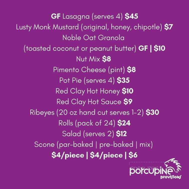 Porcupine Provisions - Charlotte, NC menu_pic