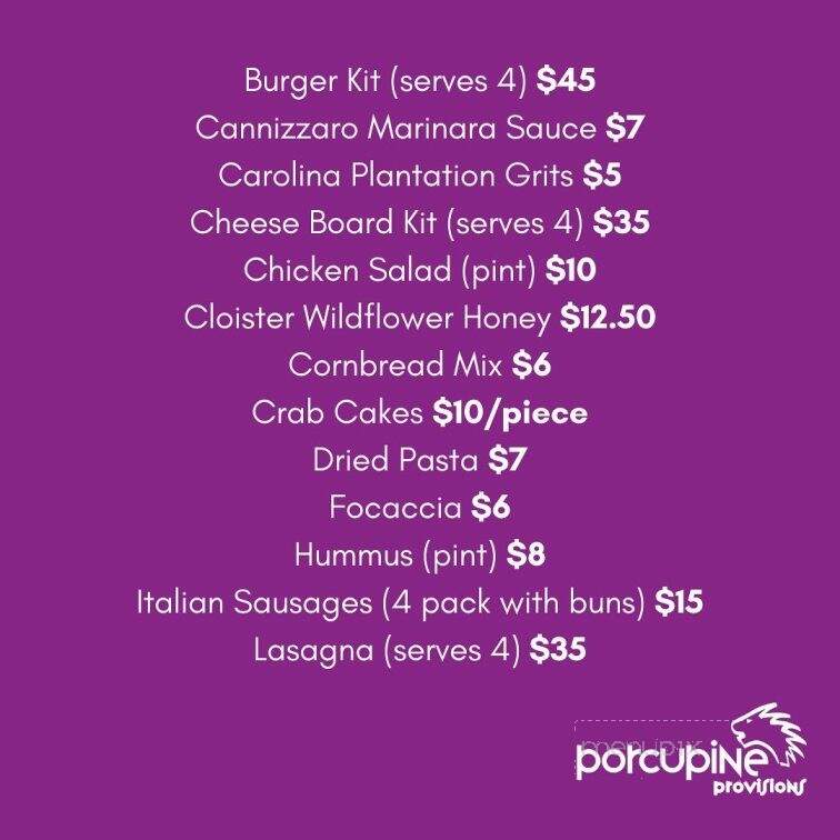 Porcupine Provisions - Charlotte, NC menu_pic