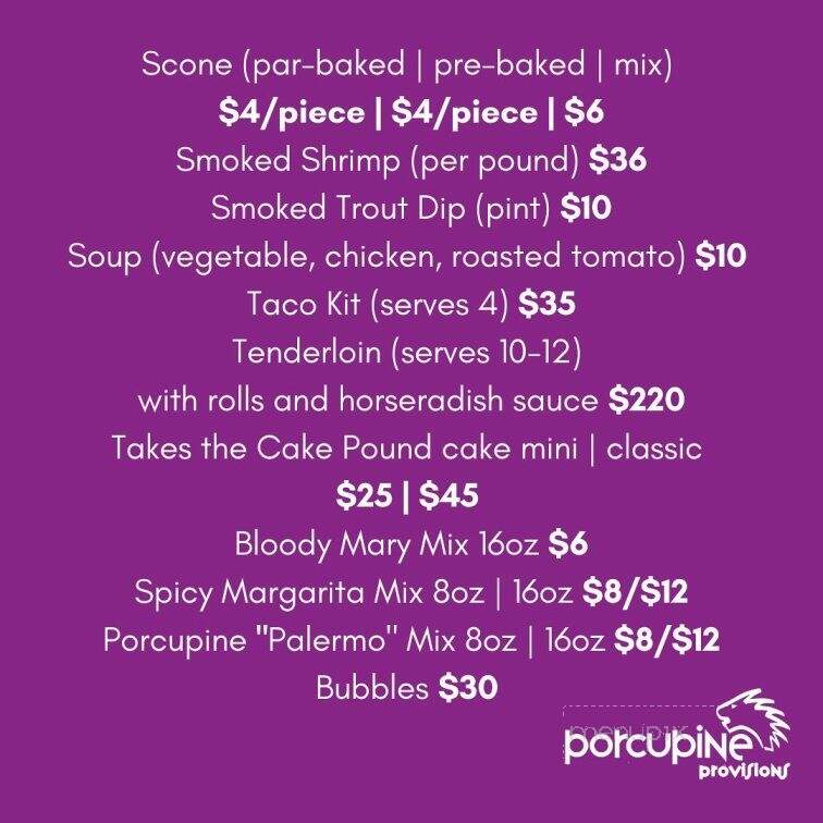 Porcupine Provisions - Charlotte, NC menu_pic