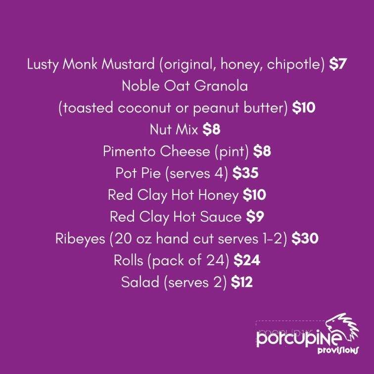 Porcupine Provisions - Charlotte, NC menu_pic