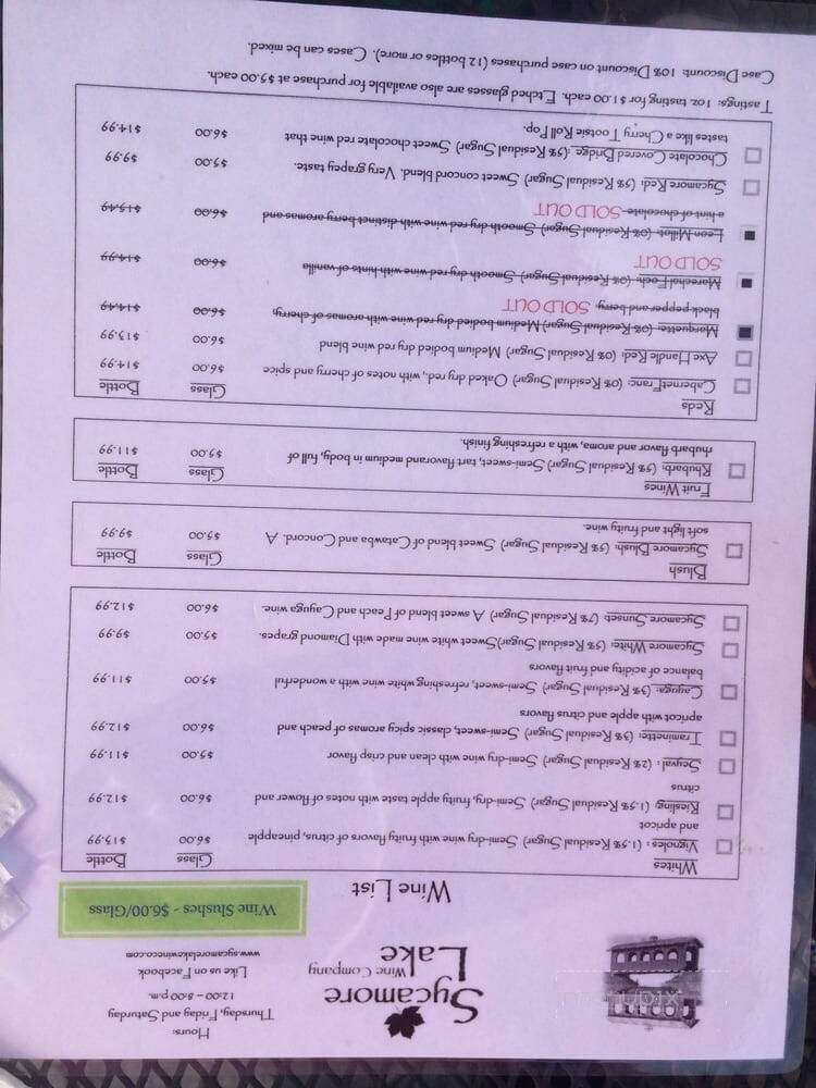 Sycamore Lake Wine Co - Columbus Grove, OH menu_pic