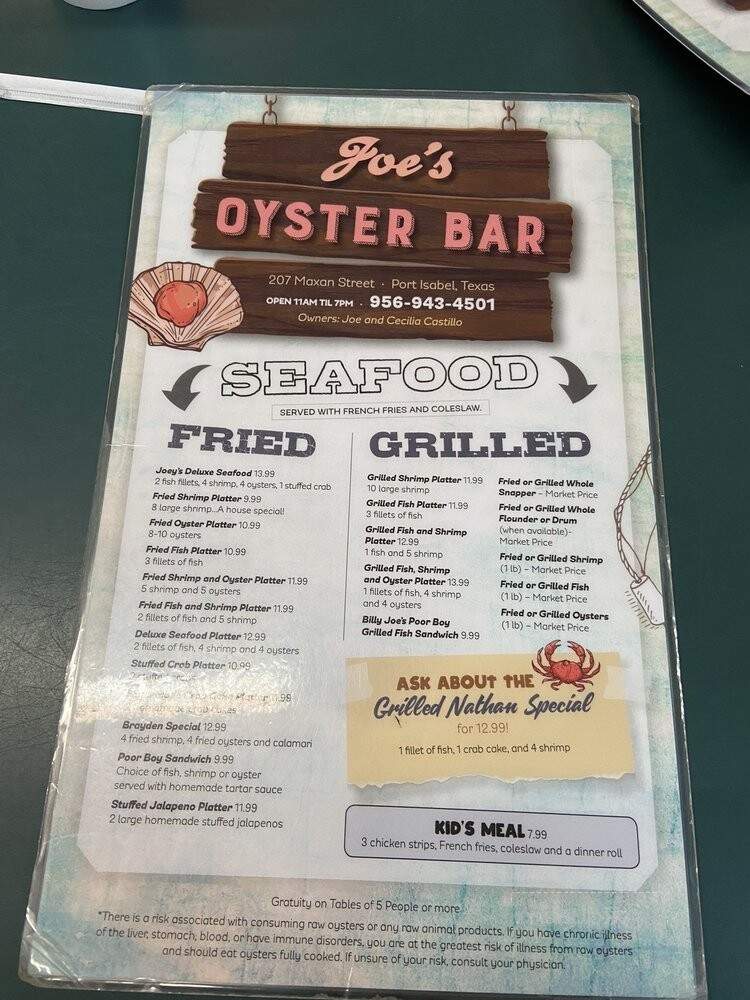 Joe's Oyster Bar - Port Isabel, TX menu_pic