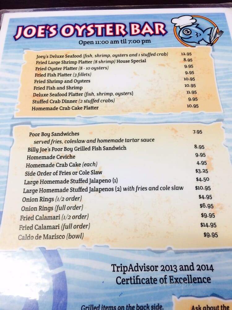 Joe's Oyster Bar - Port Isabel, TX menu_pic