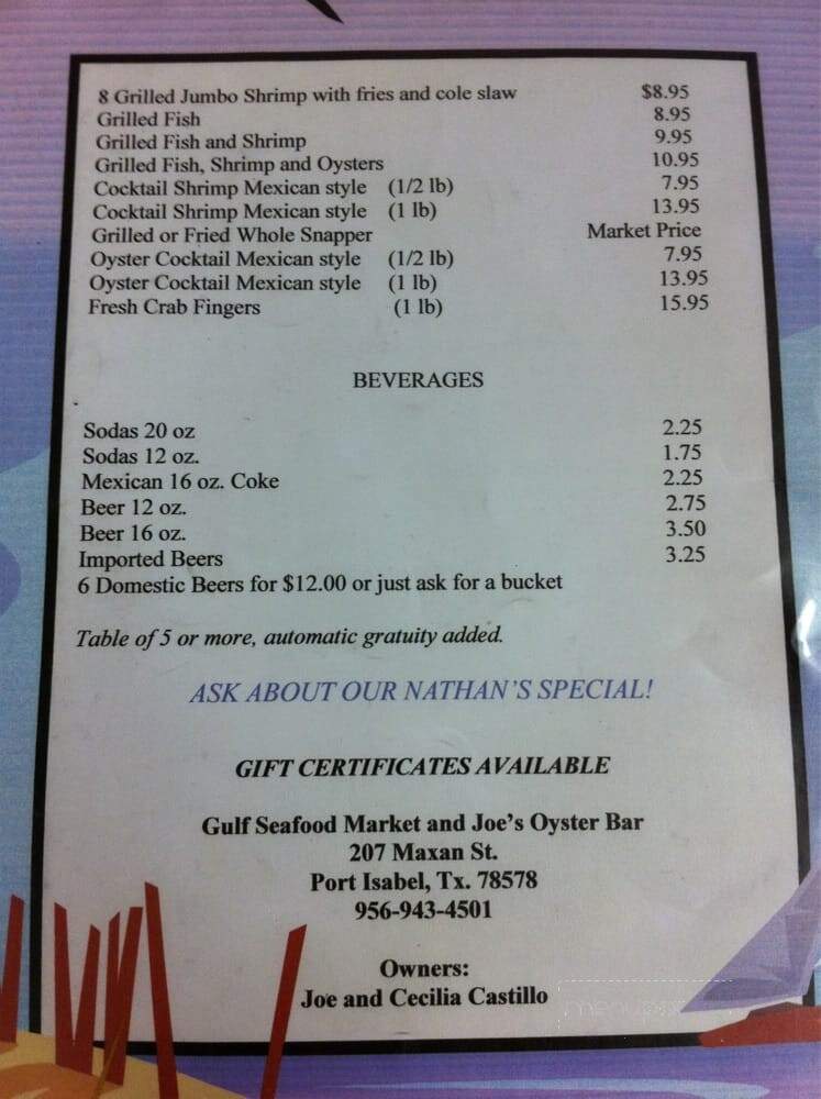 Joe's Oyster Bar - Port Isabel, TX menu_pic