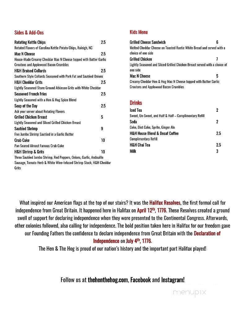 The Hen and the Hog - Halifax, NC menu_pic