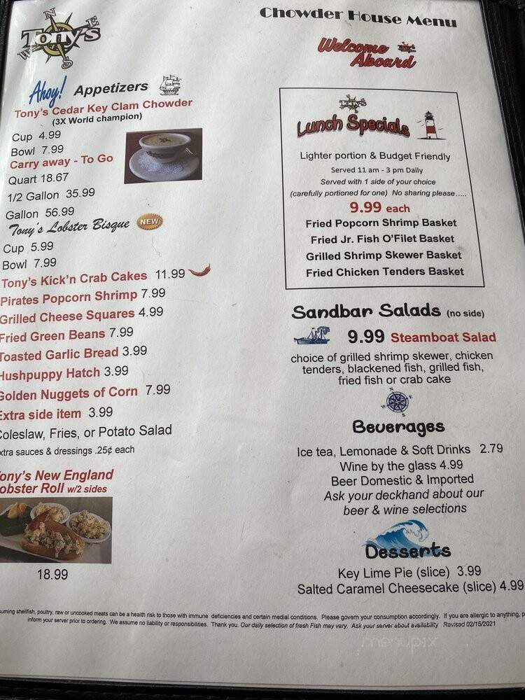 Tony Chowder House - Mount Dora, FL menu_pic