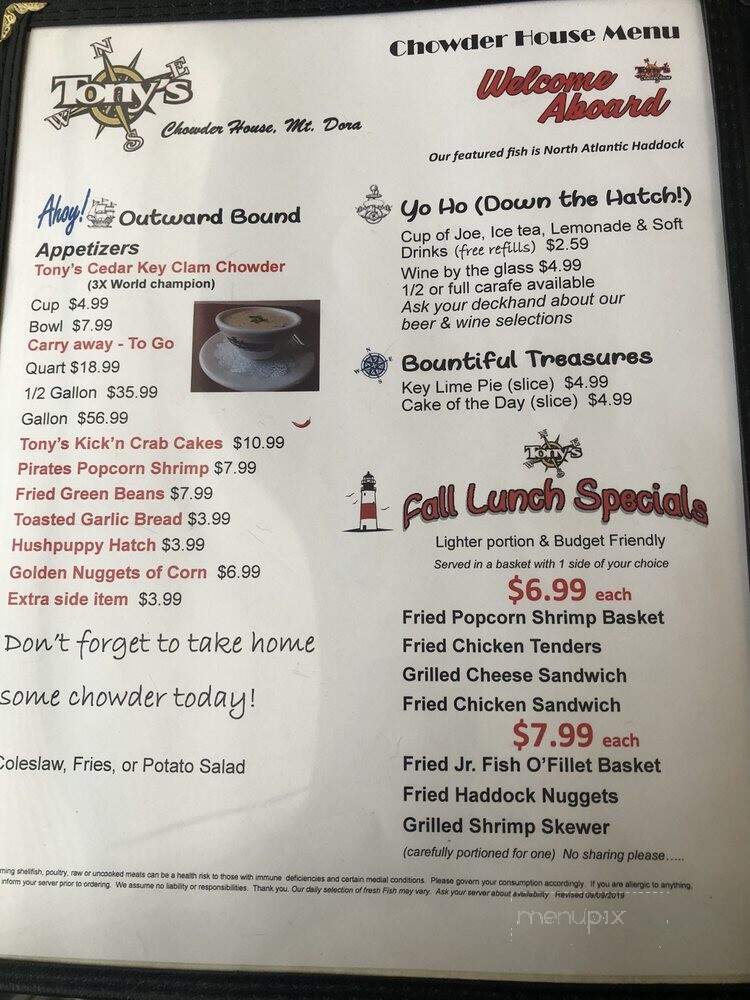 Tony Chowder House - Mount Dora, FL menu_pic