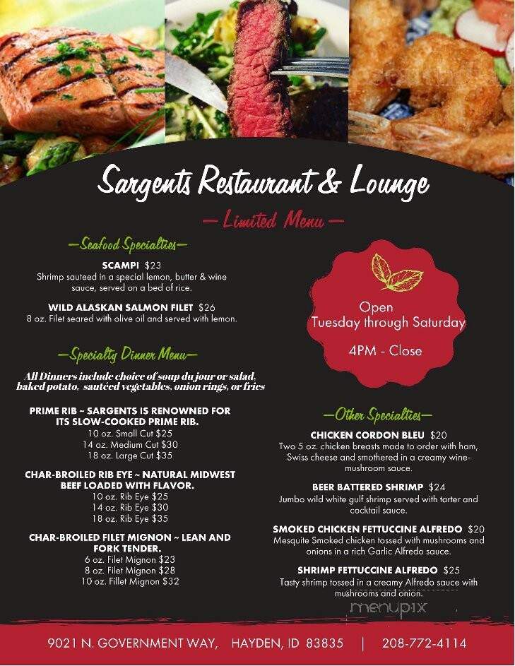 Sargents Restaurant & Lounge - Hayden, ID menu_pic