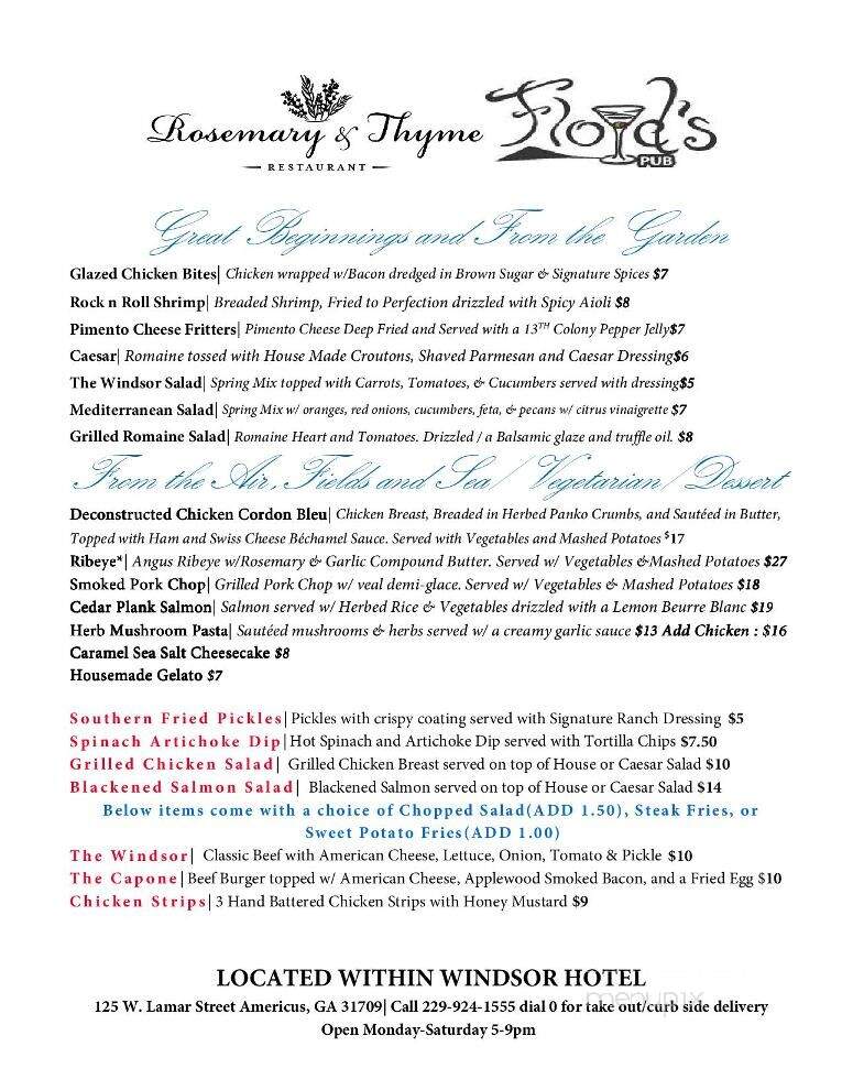 Windsor Hotel - Americus, GA menu_pic