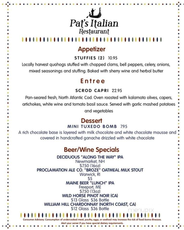 Pat's Italian Restaurant - Johnston, RI menu_pic