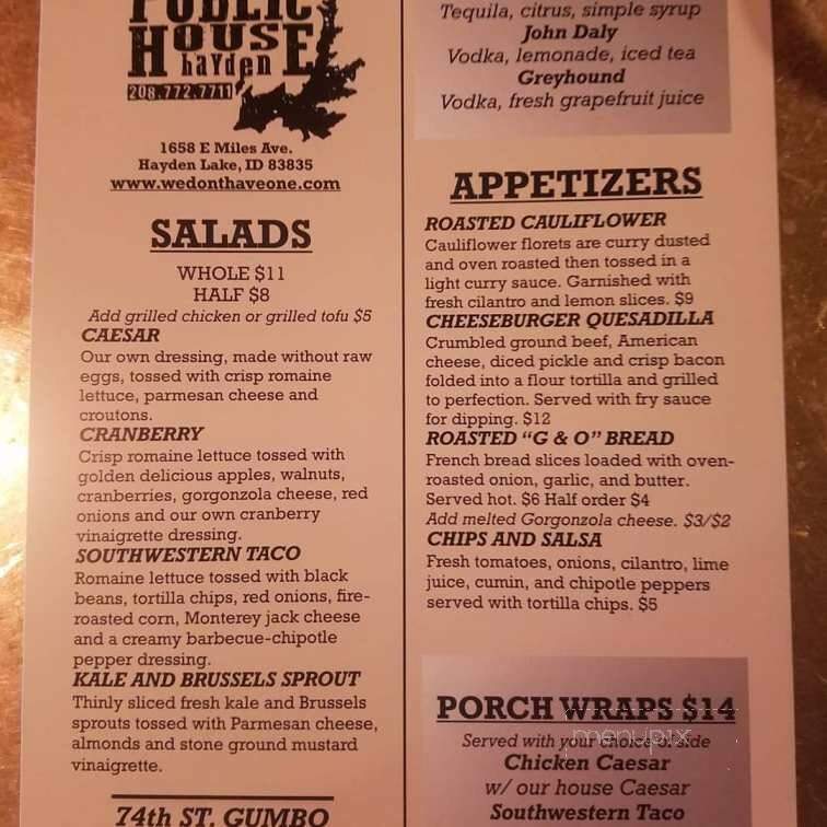 Porch Public House - Hayden, ID menu_pic