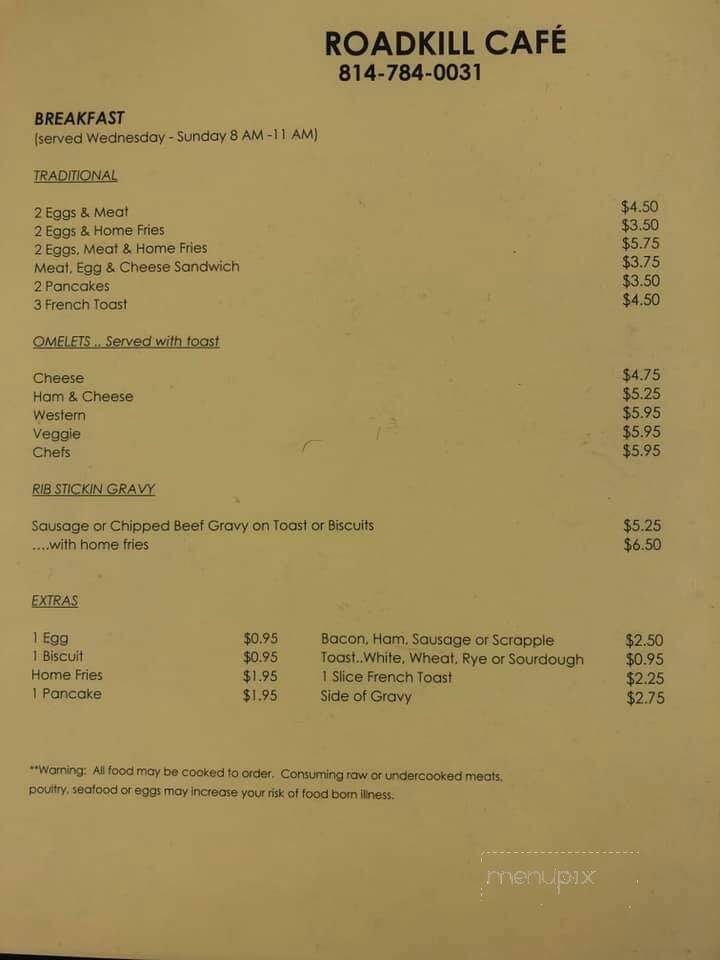 Road Kill Cafe - Artemas, PA menu_pic