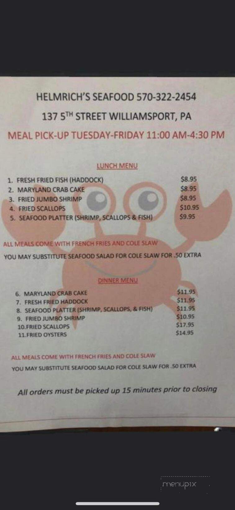 Helmrich's Seafood - Williamsport, PA menu_pic