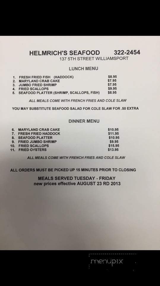 Helmrich's Seafood - Williamsport, PA menu_pic