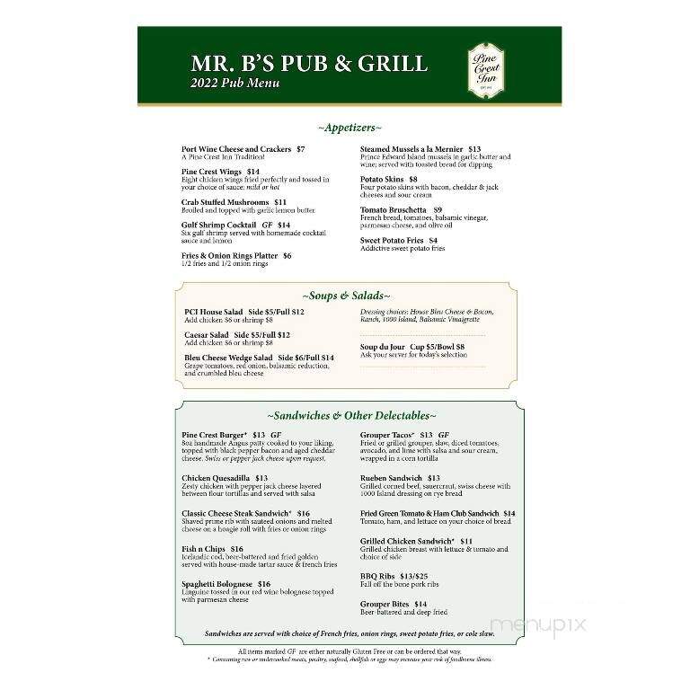 Pine Crest Inn & Restaurant - Pinehurst, NC menu_pic