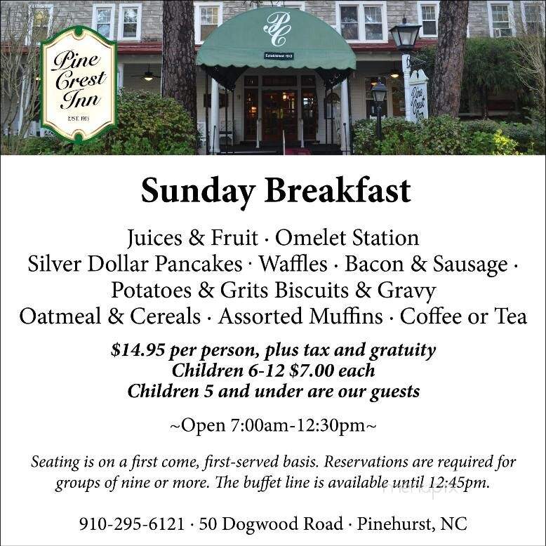 Pine Crest Inn & Restaurant - Pinehurst, NC menu_pic