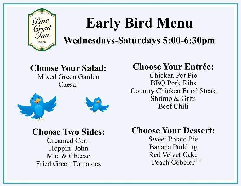 Pine Crest Inn & Restaurant - Pinehurst, NC menu_pic