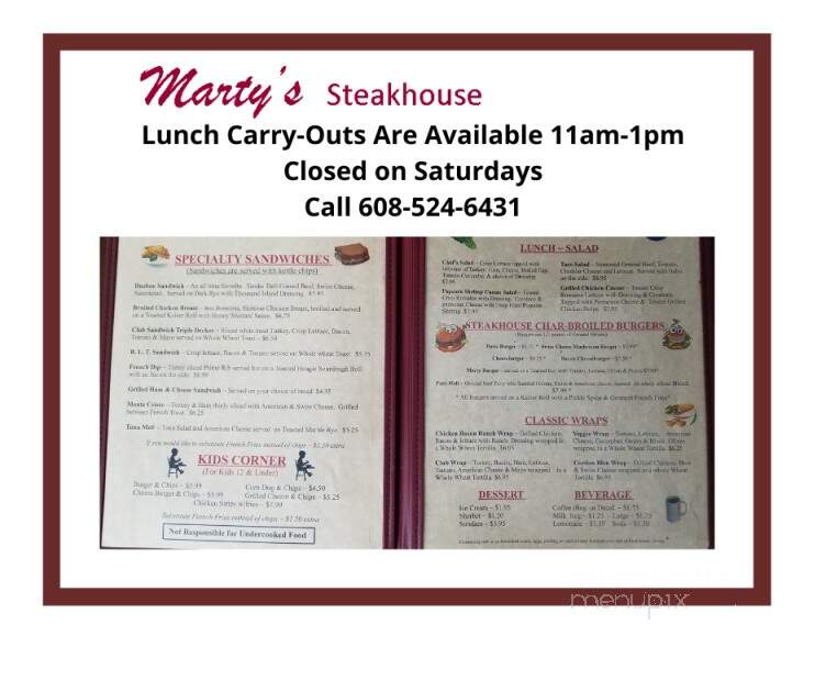 Marty's Steakhouse - Reedsburg, WI menu_pic