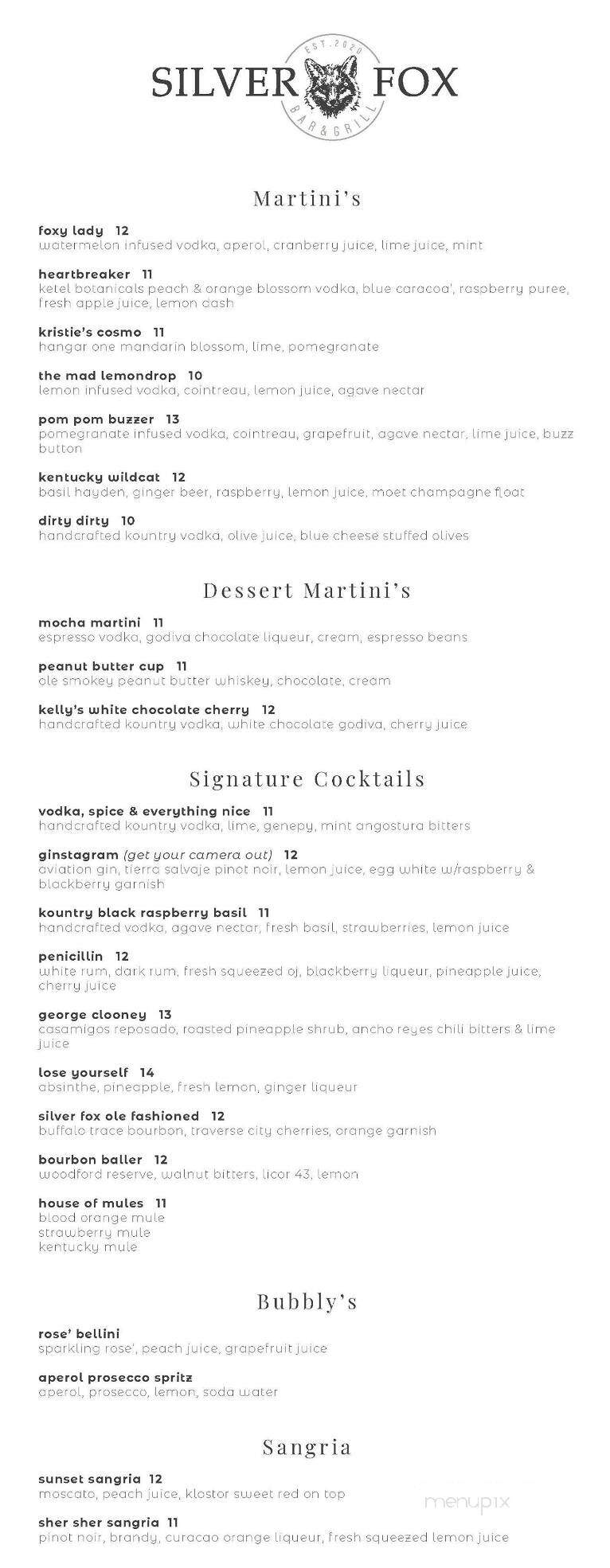 Silver Fox Bar & Grill - Yorkville, IL menu_pic