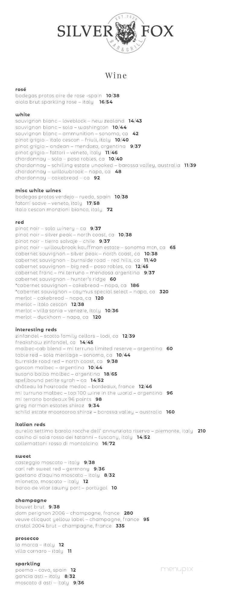 Silver Fox Bar & Grill - Yorkville, IL menu_pic