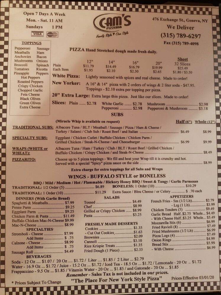 Cams New York Pizzeria - Geneva, NY menu_pic