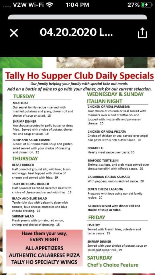 Tally Ho Supper Club - Hayward, WI menu_pic