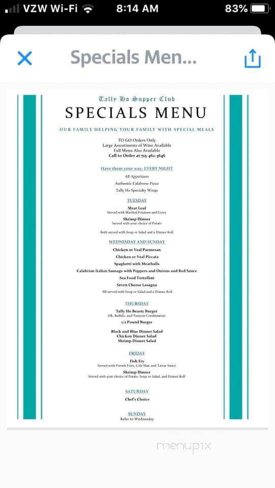 Tally Ho Supper Club - Hayward, WI menu_pic