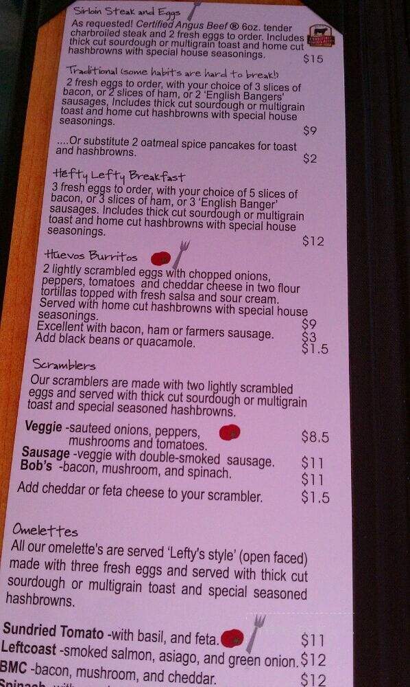 Lefty's Restaurant - Parksville, BC menu_pic