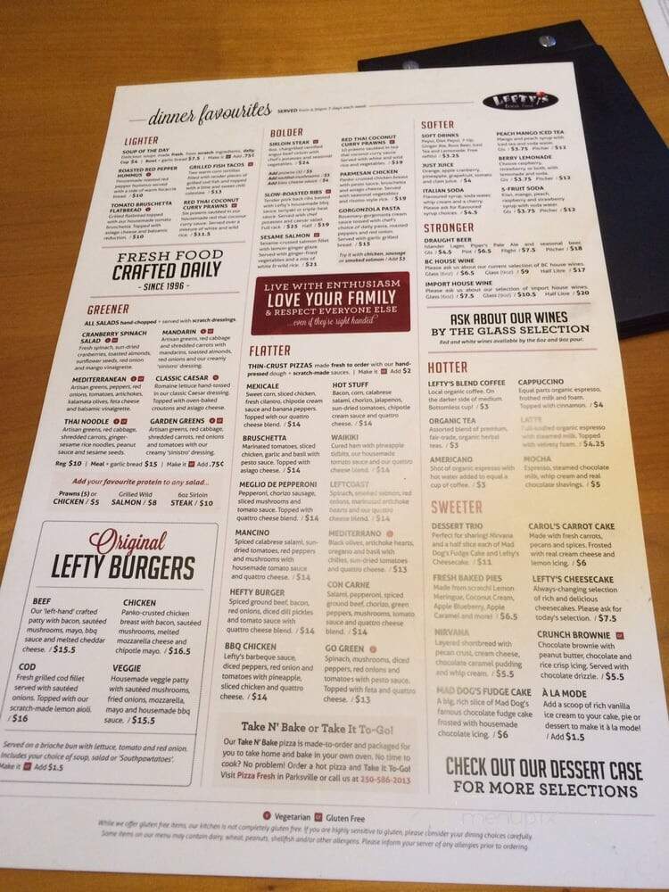 Lefty's Restaurant - Parksville, BC menu_pic