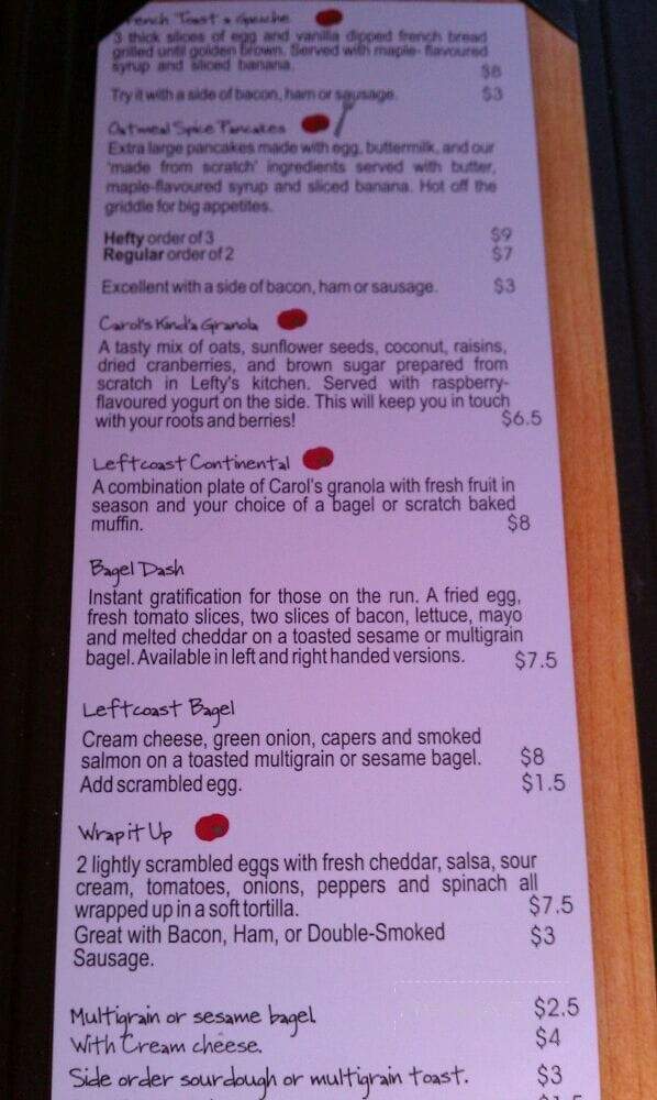 Lefty's Restaurant - Parksville, BC menu_pic