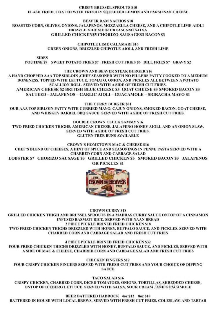 The Crown and Beaver Pub - North Bay, ON menu_pic