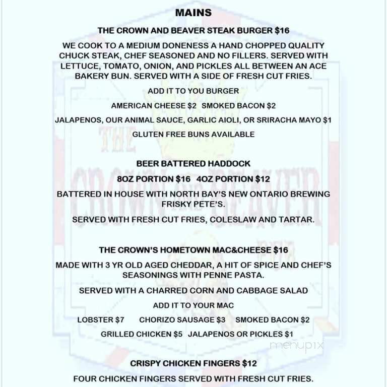 The Crown and Beaver Pub - North Bay, ON menu_pic