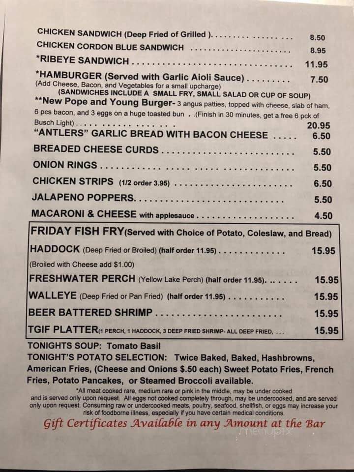 Antlers Supper Club - Bonduel, WI menu_pic
